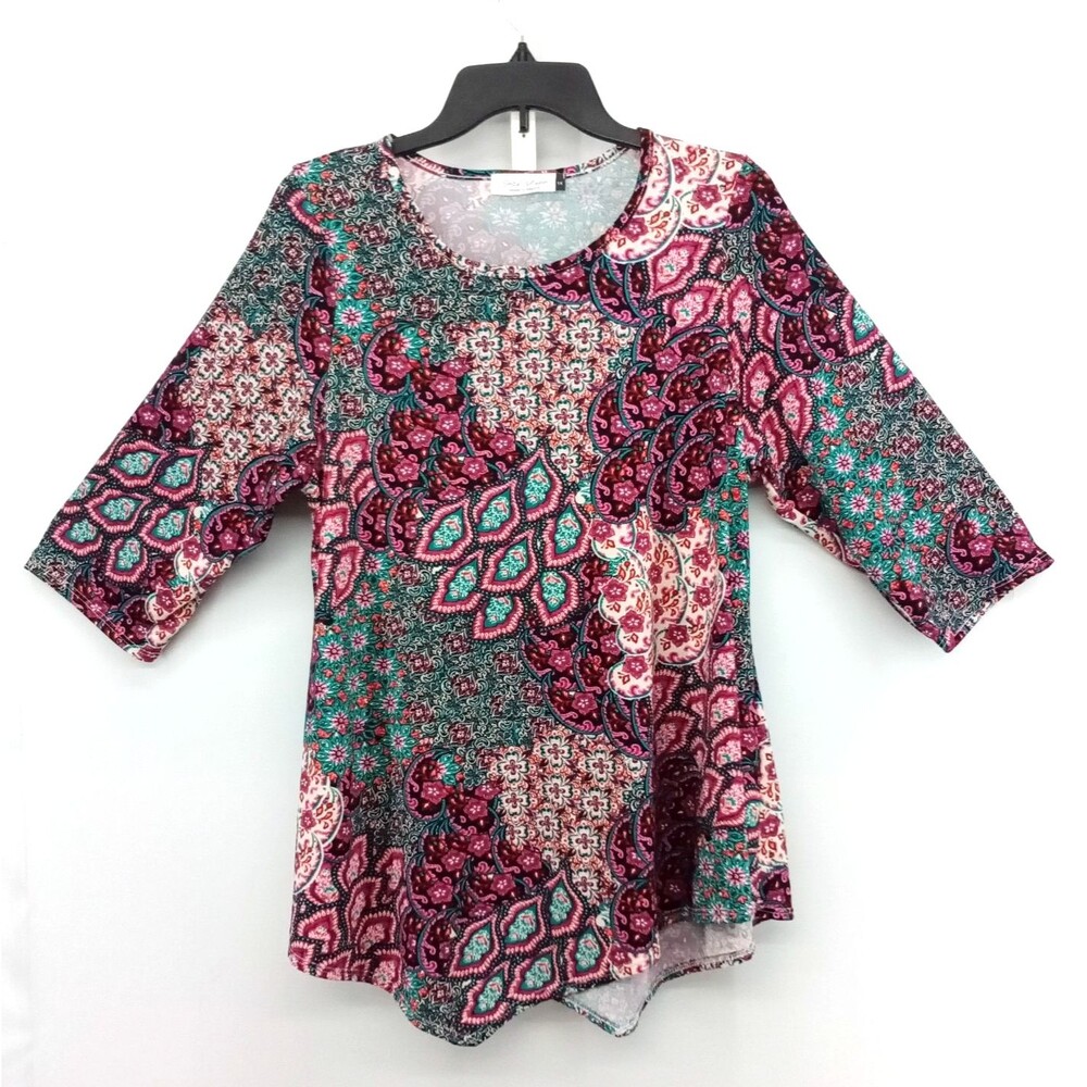Star Vixen Blouse Women Size 1X Red Floral 3/4 Sleeve Round Neck Tunic Top